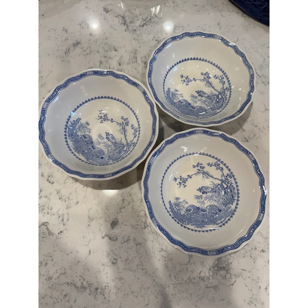 Furnivals Quail Blue White Soup Pasta Bowls Set of 3 Made in England 8.5 Inch